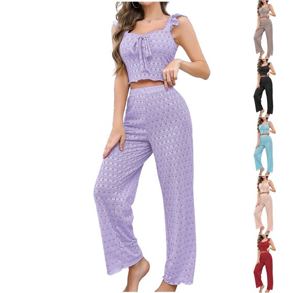Loopsun Womens Pajamas Sets Solid Petal Sleeve Thin Straps Tank Full Length Pants Two Piece Loungewear