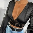 thumbnail image 4 of Seyurigaoka Women Sexy Shirts Lace Hollow Out Satin V-Neck Long Sleeve Blouse, 4 of 4