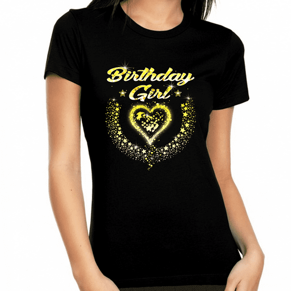 Birthday Girl Shirt for Women Birthday Shirts for Women Black Golden Hearts Stars Tee Shirt Sparkle Top