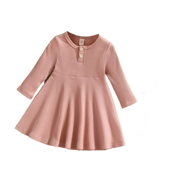Flower Girl Dress,Baby Girls Solid Ribbed Autumn Long Sleeve Princess Dress with Headbands,Coordinated Outfit, Seasonal Clothing,Toddler Girl Dress,Pink,2-3 Years