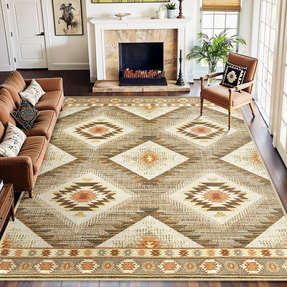 NewBuros 8'x10' Area Rug for Living Room, Machine Washable Non-Slip Rug, Soft Low Pile Stain Resistant Vintage Western Indoor Rug for Bedroom Dining Room, Camel