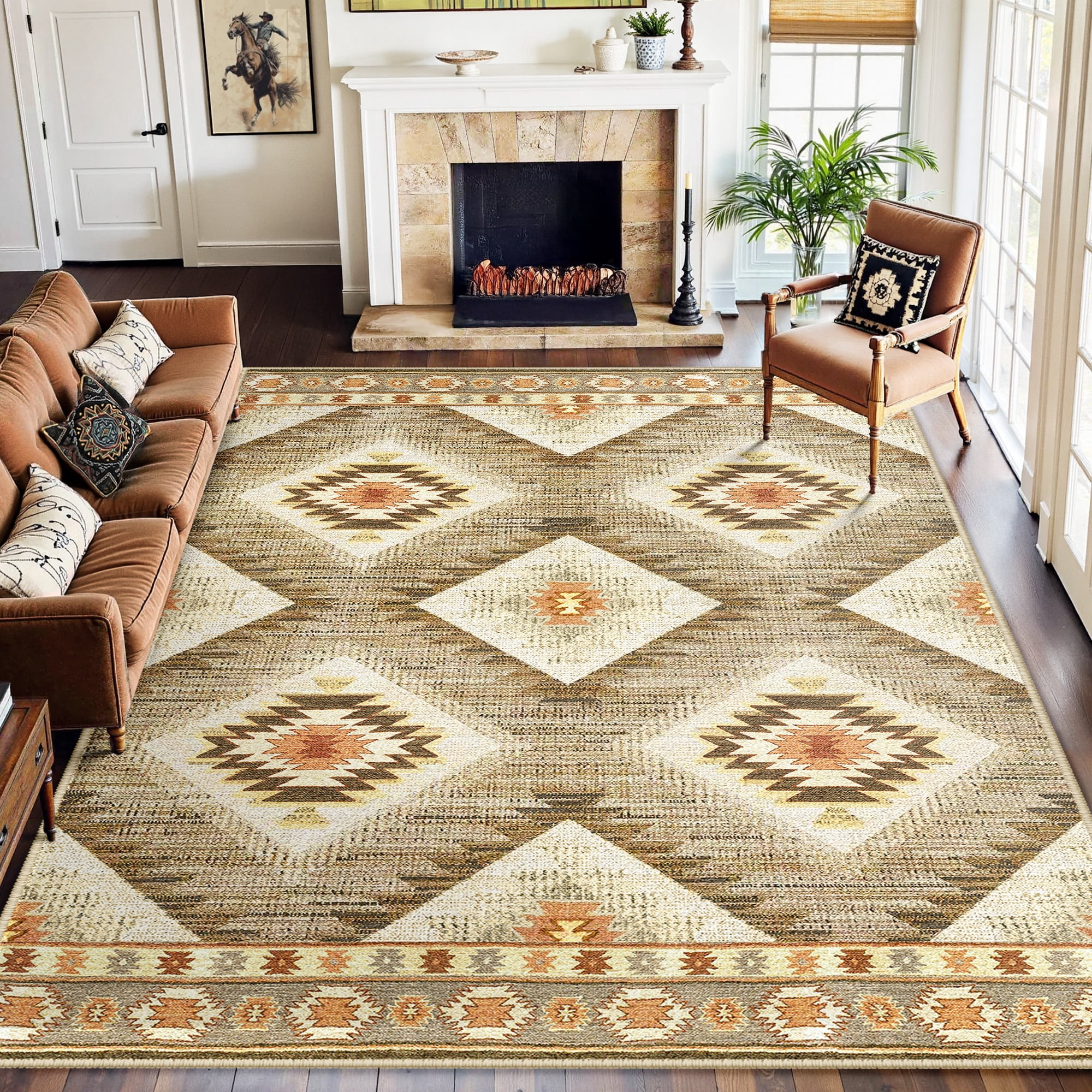 NewBuros 8'x10' Area Rug for Living Room, Machine Washable Non-Slip Rug, Soft Low Pile Stain Resistant Vintage Western Indoor Rug for Bedroom Dining Room, Camel