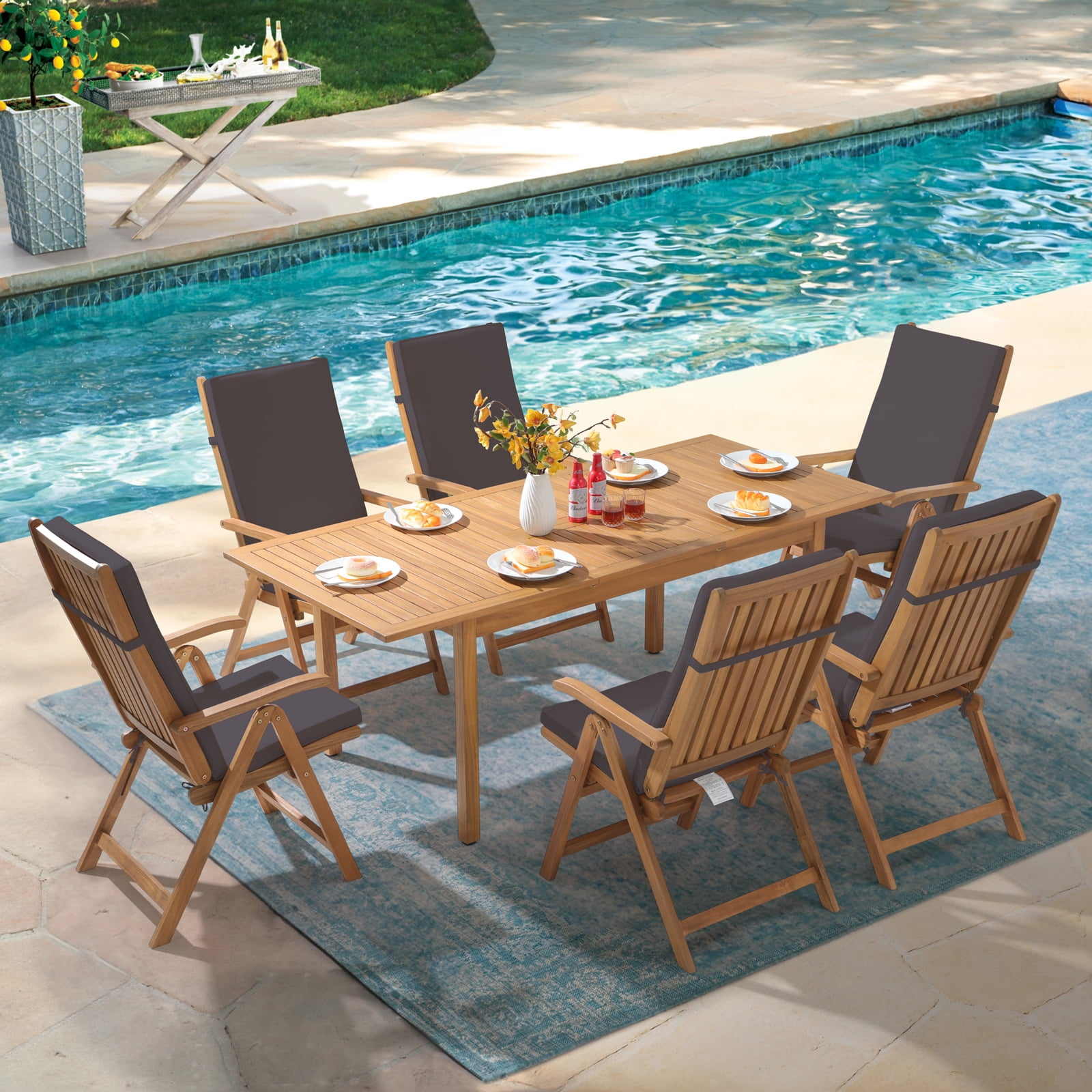 JOIVI Folding Patio Dining Chair Set of 2, Outdoor Acacia Wooden Reclining Chair w/Armrest & Removeable Cushion, FSC Certified Wood No Assembly, Gray Cushion