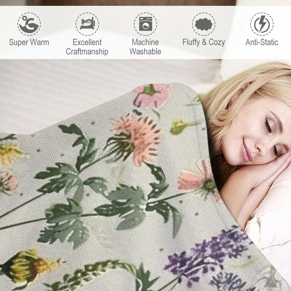 PRATYUS  Spring Throw Blanket Wildflowers Butterfly Blanket Green Wild Flower Plant Blankets Vintage Herbs Blanket Colorful Wild Flowers Printed Flannel Blanket for Bed Sofa Chair 50x60in