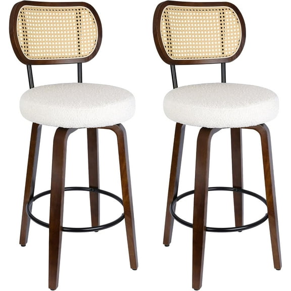 Rattan Bar Stools Set of 2, Swivel Counter Height Barstools with Back, Farmhouse Upholstered Kitchen Chairs with Back & Footrest Mid Century Modern Wood Countertop Bar Chairs for Kitchen Island White