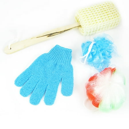 4 Pc Set Bath Body Sponge Shower Washing Glove Loofah Scrub Puff Back Scrubber