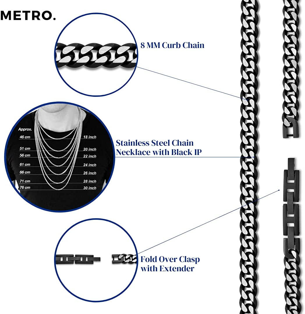 Metro Jewelry Black Ion Plated Stainless Steel Curb Chain Necklace for Men 8 MM 22 Inch Long with Fold-Over Clasp with Extender
