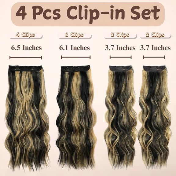 WEIF-4Pcs clip in hair extensions, Long Wavy Synthetic hair extensions, Clip in Extensions 22 Inch for Women,Natural Black mix Blonde