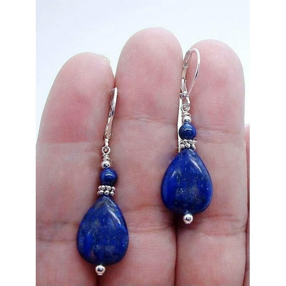 K-KED 6mm & 13X18mm Blue Lapis lazuli Gemstone Beads Silver Leverback Dangle Earrings
