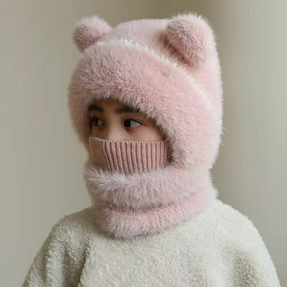 harmtty Children Hat with Face Guard Double Plush Ball Decor Solid Color Windproof Ear Protection Baby Hat Woolen Knitted Hat