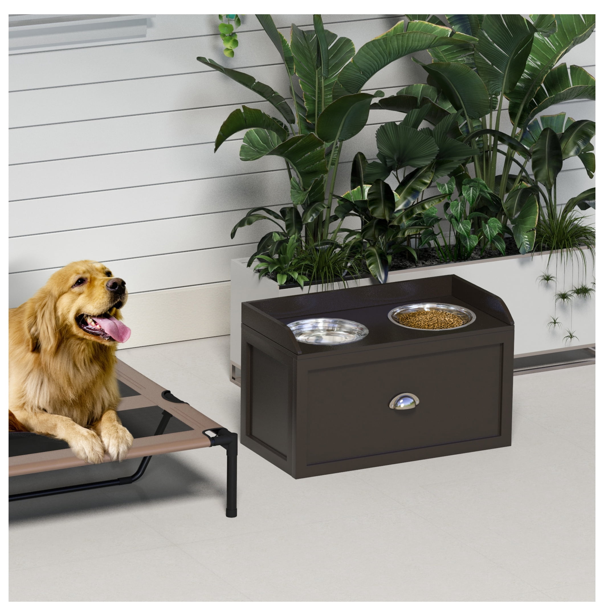 Elevated Dog Bowls with Storage, Pet Feeding Station for Large Dogs, 2 Stainless Steel Bowls, Coffee Finish