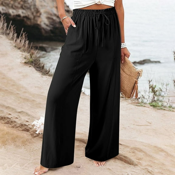 SNKSDGM Women's Plus Pants for Women Dressy Casual Pull on Capri Pants for Women Petite Women's Flowy Wide Leg Pants Casual Beach Pants High Waisted Drawstring Palazzo Trousers with Pockets