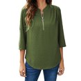 thumbnail image 2 of Mujeres Cremallera Cuello En V Camisetas Manga Tres Cuartos Punto Suizo Volantes Espalda Tipo Loos Verano Casual Top OD Verde S, 2 of 5