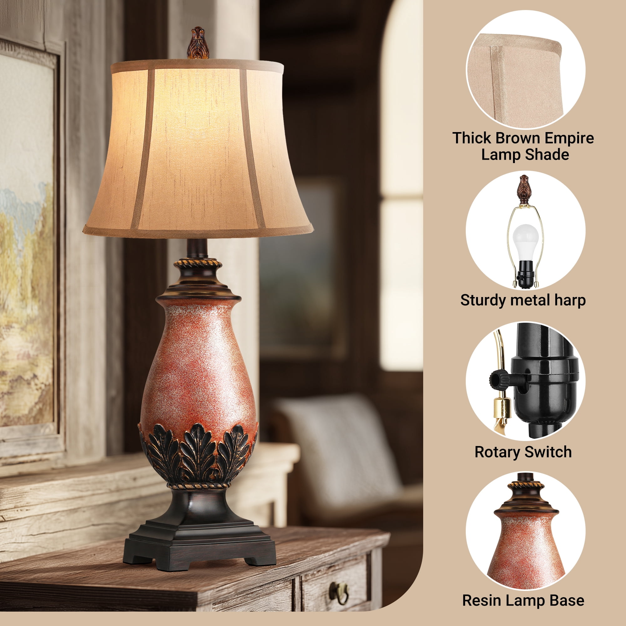 Set of 2 Farmhouse Rustic Table Lamps, 3-Color Temperature Dimmable for Bedroom and Living Room Western Decor