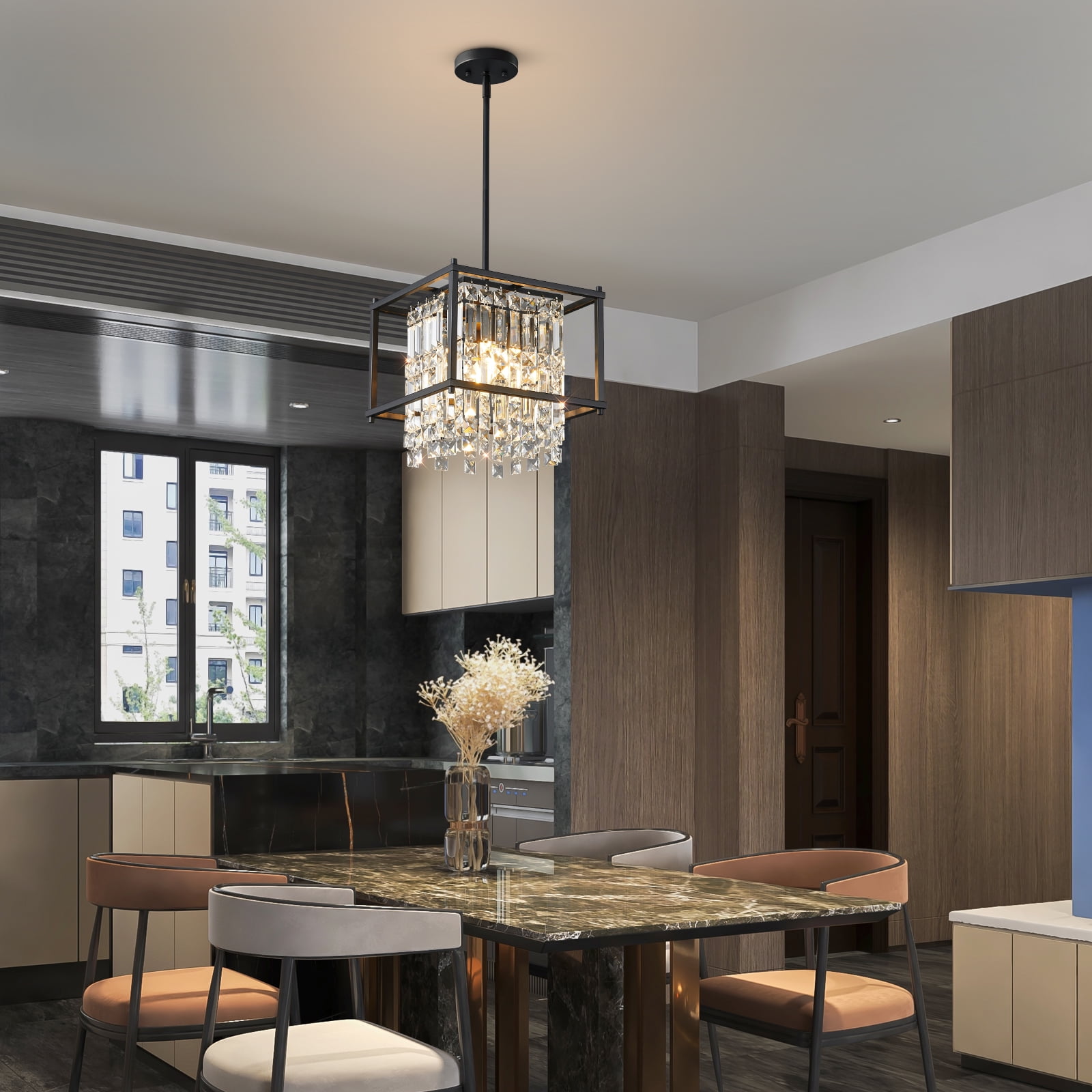 Crystal Pendant Light Modern Square Adjustable Height Chandelier Black Pendant Light Fixture for Foyer Entryway Kitchen Island Living Room