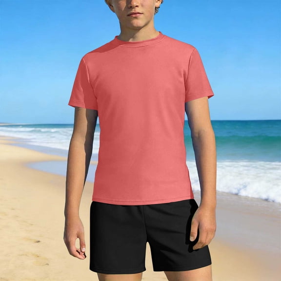 ITSAME Boys Swimwear Set Crewneck Tops and Swim Trunks Quick-Dry Beach Surfing Swimsuit 2-Piece Orange Size 11-12