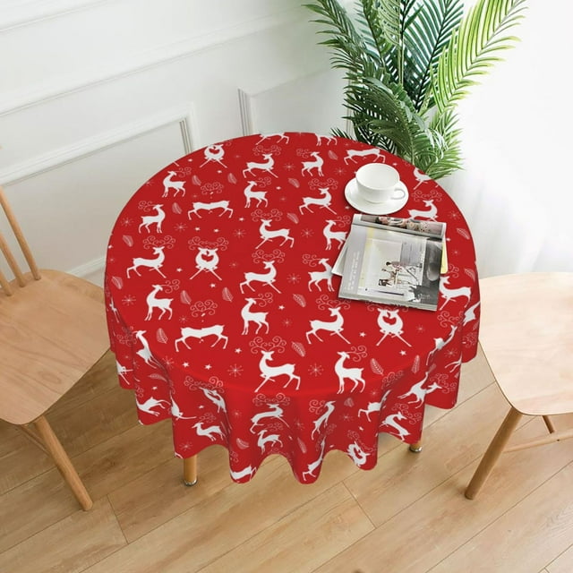 Tarmeek 60Inch Reindeer Red Christmas Tablecloth for Round Table Decor Wipeable Table Cover for