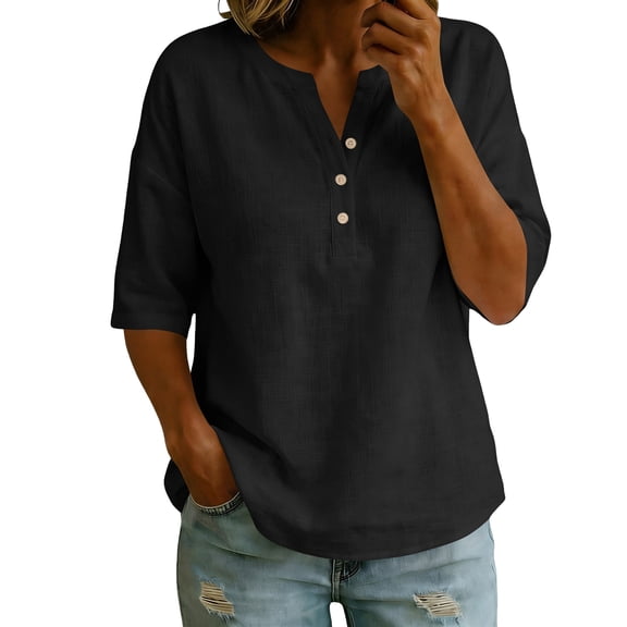 Enjoytime Womens Shirts Solid Color V-Neck 3/4 Sleeve Tops Spring Summer Business Casual Blouses Beach Vacation Fashion Clothing Dark Blue XL