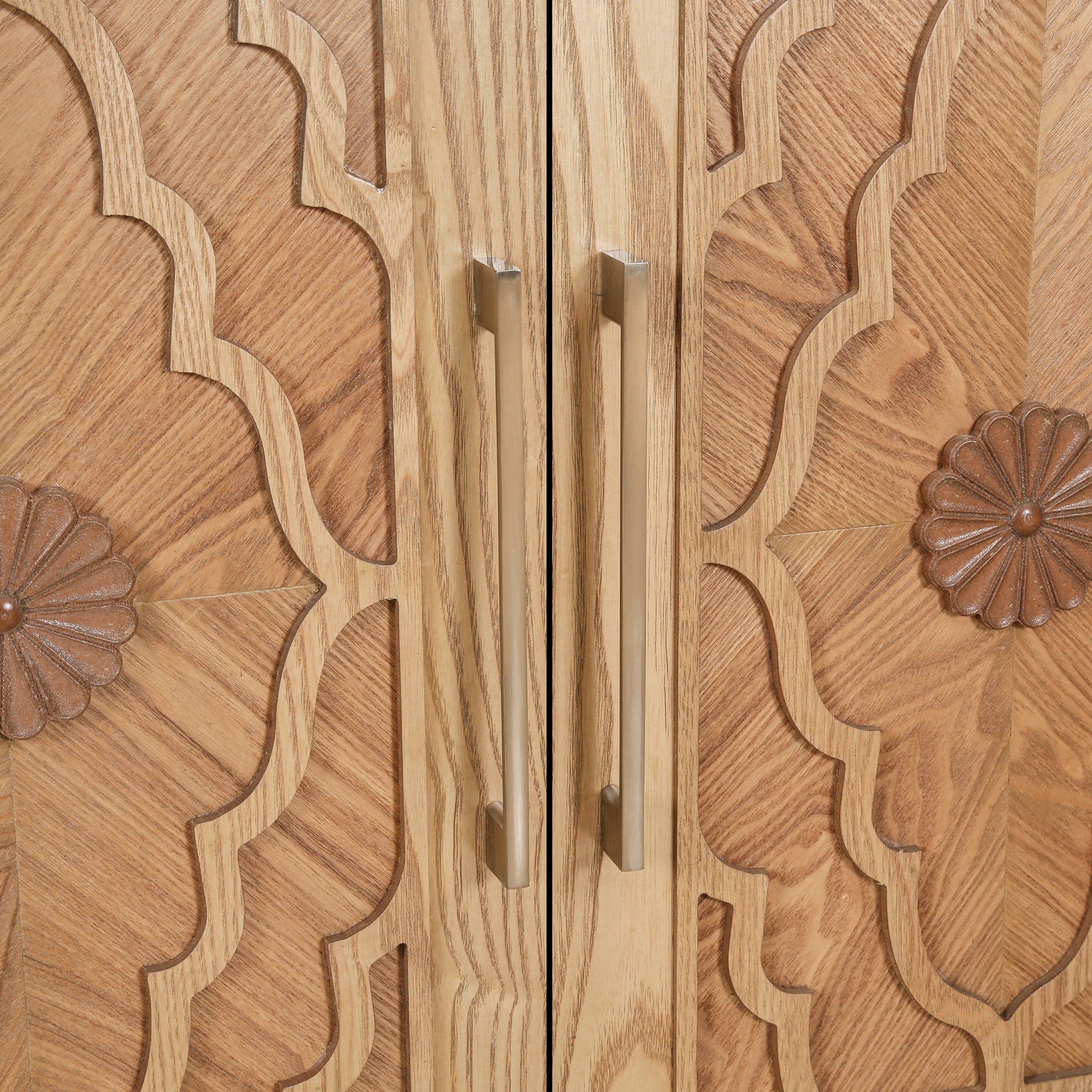 Noble House Carved Flower Door Large Storage Cabinet With Metal Handle Suitable For Living Room, Kitchen, Entryway, Natural Wood