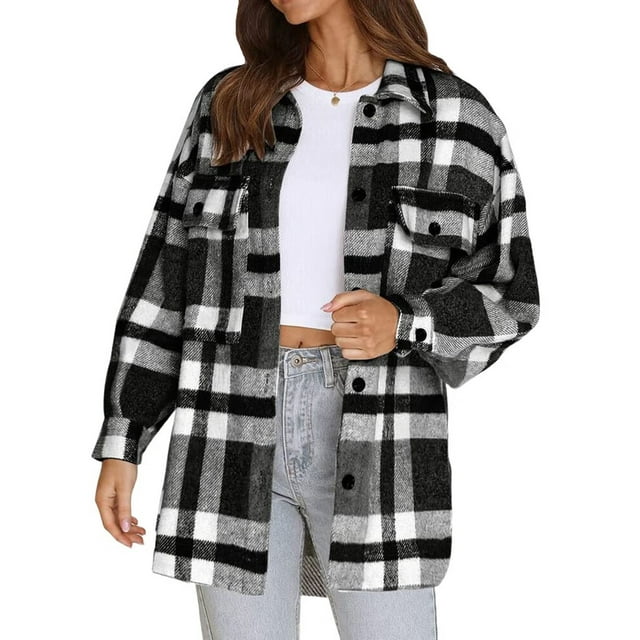 Women'S Flannel Plaid Shacket Fall Outfits Long Sleeve Button Down Shirts Jacket Coats with Side Pockets