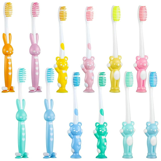 12 Pcs Brosse à Dents pour Enfants Ensemble Brosse à Dents Manuelle pour Enfants Poils Doux pour 3 Ans et Plus Garçons et Filles Brosse à Dents Colorée Mignonne avec Ventouse (pour Rangement)