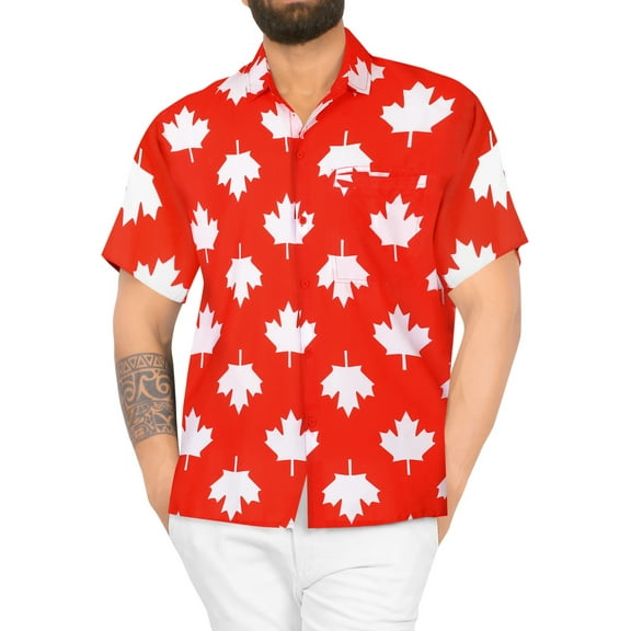 HAPPY BAY Men's Hawaiian Shirts Short Sleeve Button Down Shirt Men's Summer Shirts Casual Beach Holiday Hawaii Island Shirts for Men Funny L Maple Leaf Flag, Red