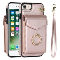 Feishell for iPhone 7 / iPhone 8 / iPhone SE 2020/2022 Wallet Case, RFID Blocking Card Slots Magnetic Case Glossy PU Leather Finger Ring Holder Kickstand Wrist Strap Handbag Cover,Rosegold