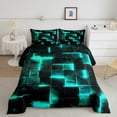 thumbnail image 3 of Black and Teal Comforter Set Modern Abstract Bedding, 3D Glowing Plaid Bedding Comforter Sets Gradient Grid Duvet, Neon Square Quilted Comforter 2pcs (Black Reversible), 3 of 6