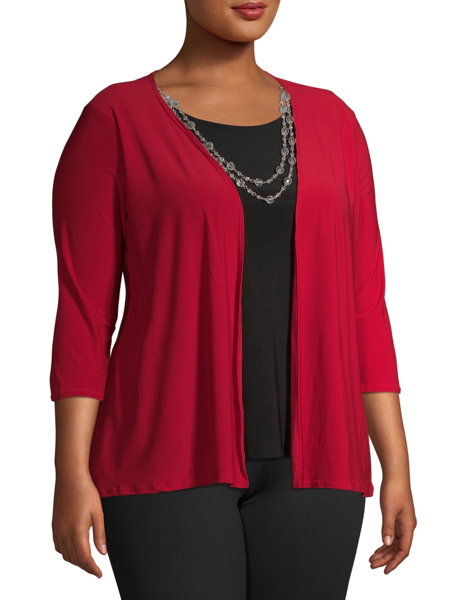 Ella Samani Women's Plus Size 3/4 Sleeve Cardigan with Necklace
