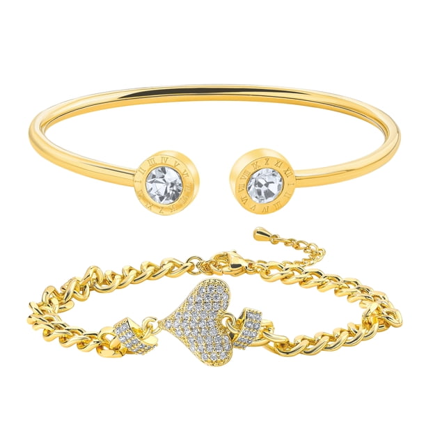 Pulseras Ajustables Abiertas Bañadas en Oro Amarillo JeenMata Paquete de Dos para Mujer
