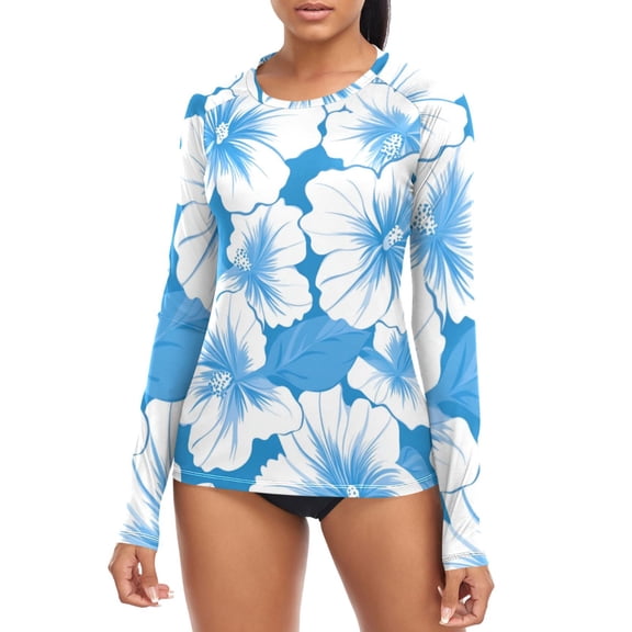 White Hibiscus Flowers Women's Rash Guard Shirts UPF 50 Sun Protection Clothing Long Sleeve Swim Suits XS