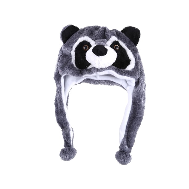 Sombrero de peluche con personaje de animal para adultos con correa larga para las orejas, ideal para disfrazarse de niños. Mapache gris