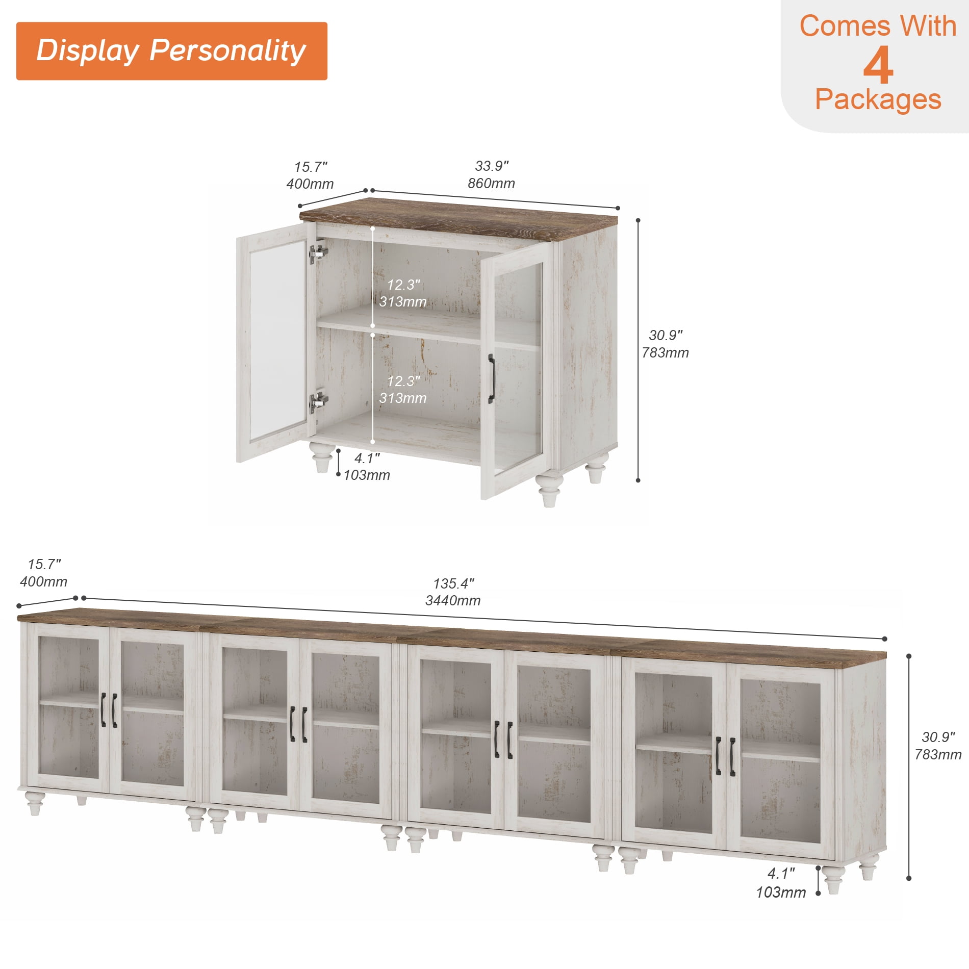 4-in-1 TV Stand, Wood Console Table Storage Cabinet for Living Room, Kitchen Sideboard Buffet Cabinet With Glass Door for Dining Room, Rustic White
