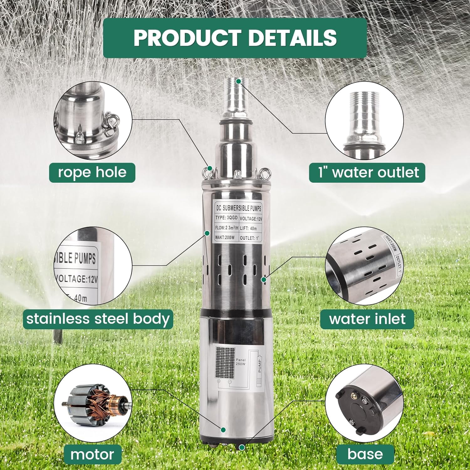 Dawot Deep Well Submersible Pump 12V Solar Submersible Water Pump 10gpm Flow Water Pump 1" Outlet 131ft Head for Industrial, Irrigation and Home Use, IP68 Waterproof Grade