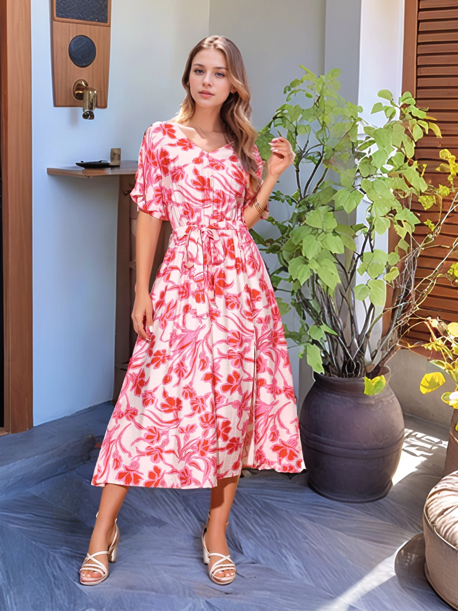 DARING DIVA Loose Boho V Neck Short Sleeve Tie Waist Floral Maxi Dress L Pink