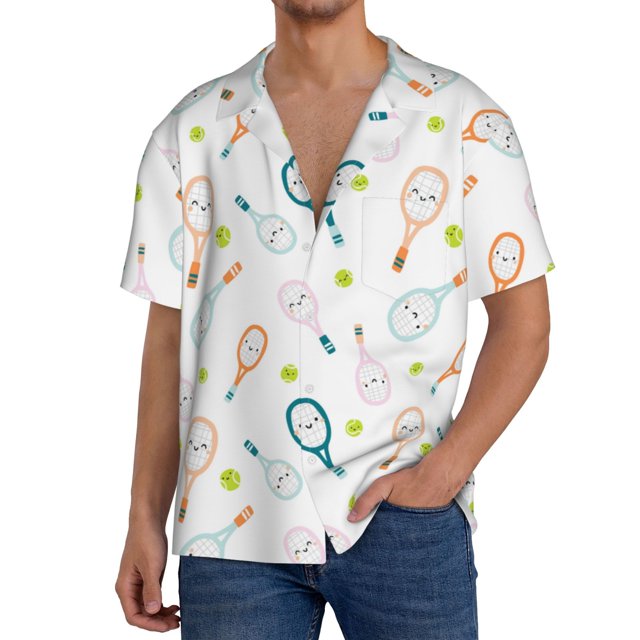 Balery Cute Tennis Rackets Camisa Casual de Manga Corta con Botones para Hombre, Texturizada, Estilo Cubano, para Playa, Verano-XX-Large