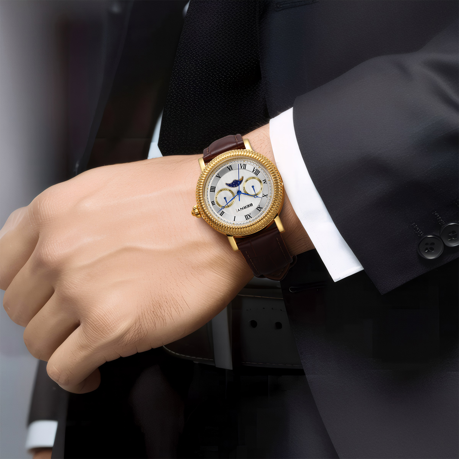 BERNY Mens Leather Watch, Vintage Roman Numerals Moon Phase Dress Watch with Day & Date, Stainless Steel, Sapphire Crystal, Waterproof, Fashion Luxury Analog Quartz Wrist Watches for Men (Gold)