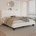thumbnail image 2 of Queen Size Faux Leather LED Bed Frame with Adjustable Headboard Upholstered Platform Bed with Charging Station Diamond Button Tufted Style, White, 2 of 9