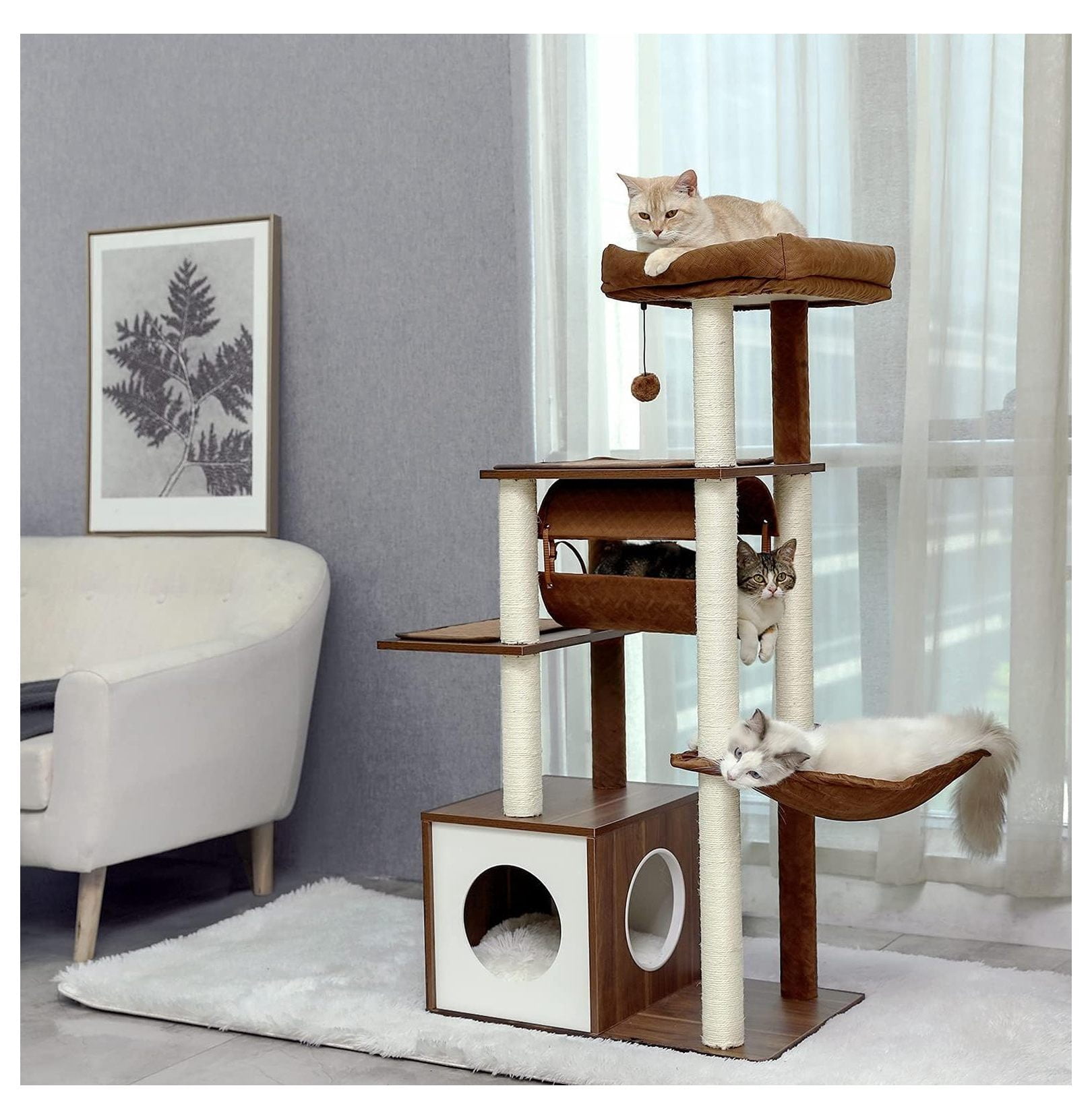 Cat Tree 51.4 Inch Modern Wooden Cat Tower, 6 Levels with Sisal Scratching Posts, Condo, Perch, Hammock & Tunnel - Brown
