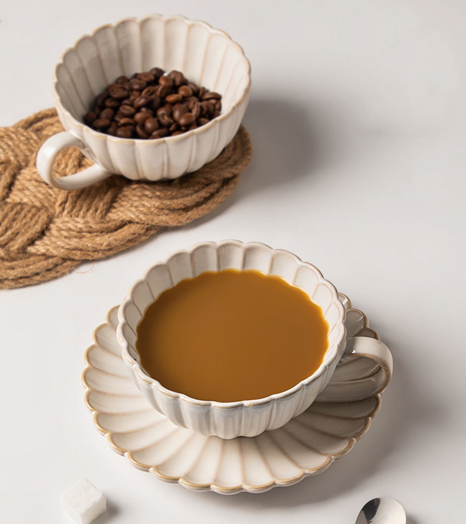 SIELUNO White Porcelain Espresso Coffee Cup,Ceramic Cup With Spoon And Saucer For Afternoon Tea 250ml/8.8oz