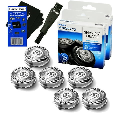 Philips Norelco SH50/52 Replacement Head (2 pack) for Series 5000, PowerTouch (PT8__, PT7__) & AquaTouch (AT8__, AT7__) Electric Shavers + Double Ended Shaver Brush + HeroFiber® Gentle Cleaning Cloth
