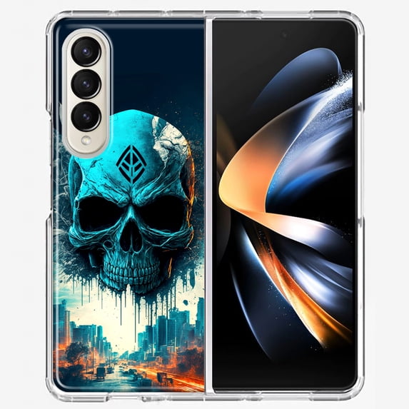 MUNDAZE Samsung Galaxy Z Fold 4 Blue Apocalypse Cyberpunk Skull Feather Double Layer Phone Case Cover