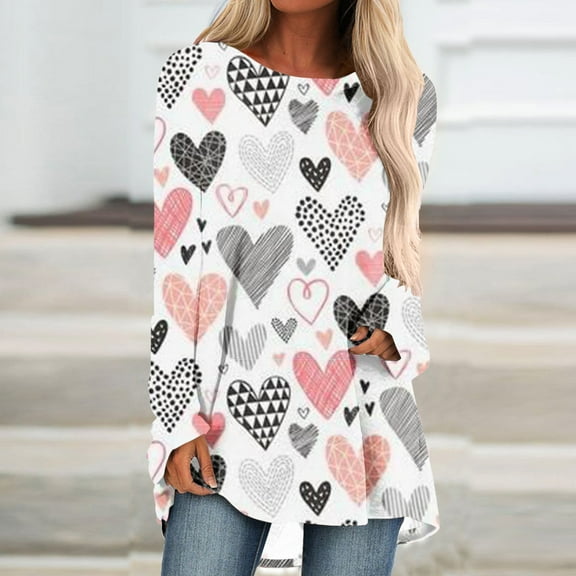Lilgiuy Women's Fashion Valentine's Day Printed Round Neck Pleated Button Long Sleeve Women's Top for Women Trendy