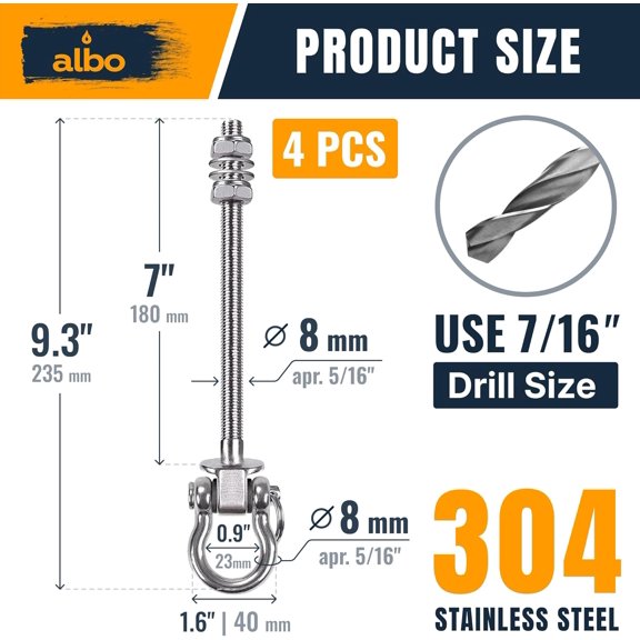 Albo 4 Pack Heavy Duty Swing Hangers – 7 Inch, 304 Stainless Steel, 1800 lbs Swivel Hooks for Porch, Punching Bag, Hammock, Yoga, Gym, Playground, Ceiling Mount for Wood & Concrete Indoor Outdoor