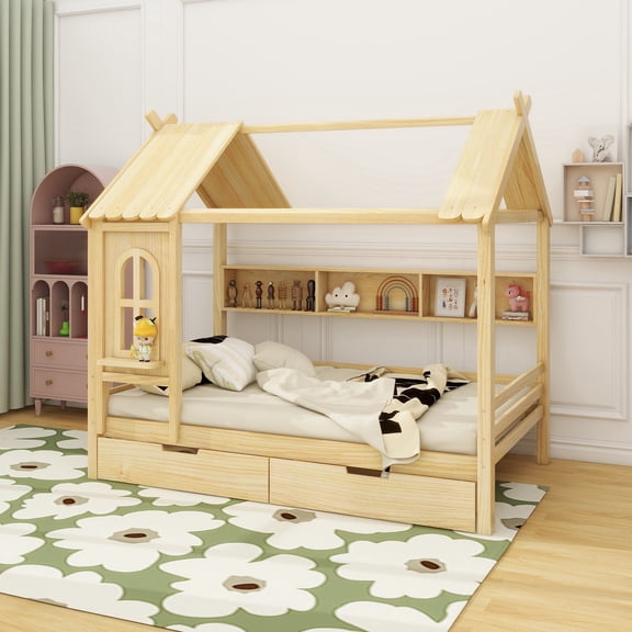 Full house Beds with Storage Drawers and Window, Solid Wood House Platform Bed Frame with shelves, for Kids, Girls, Boys, No Spring Box Needed and Childlike Design, Natural