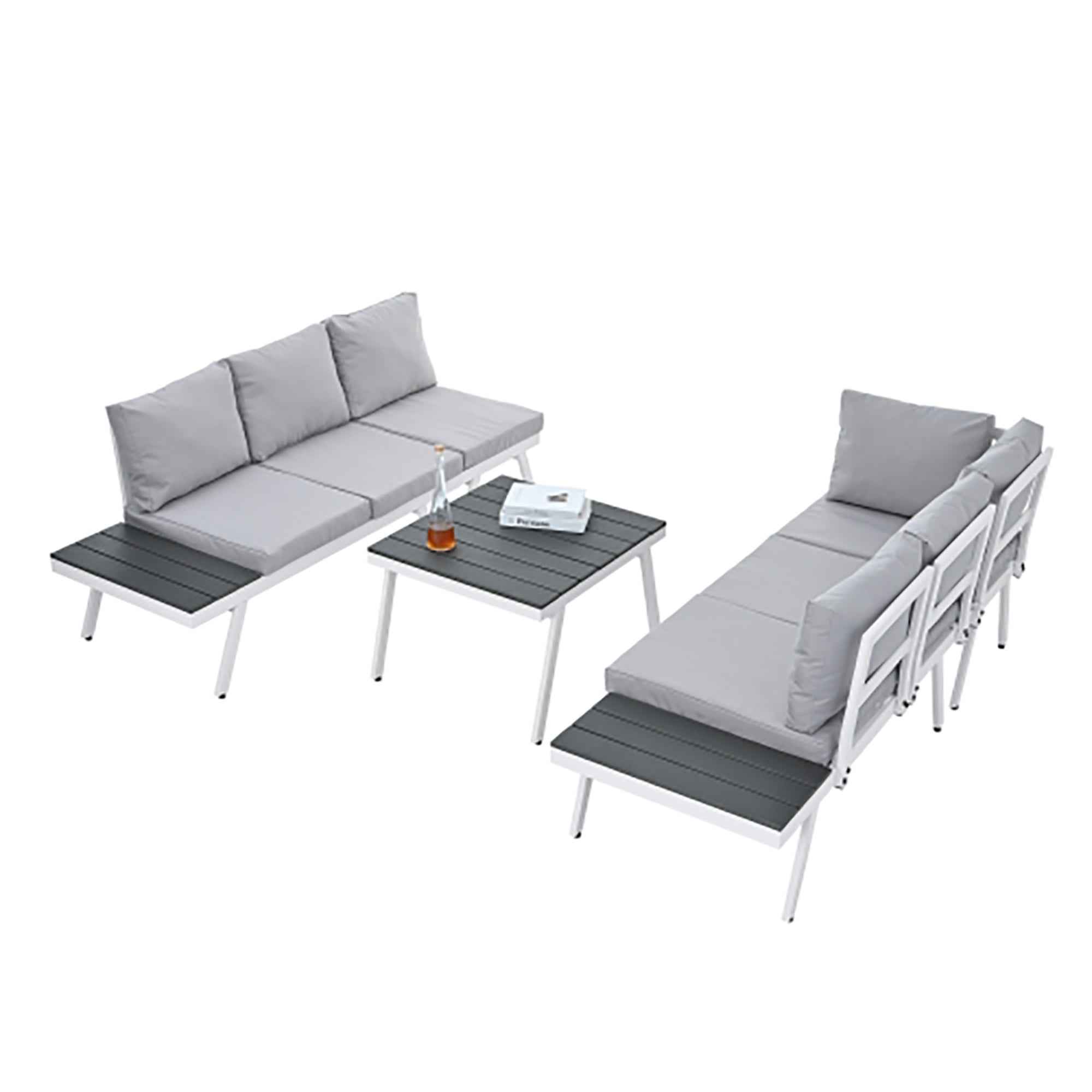 Kadyn Industrial 5-Piece Aluminum Outdoor Patio Furniture Set,Modern Garden Sectional Sofa Set with End Tables, Coffee Table and Furniture Clips for Backyard, Gray Kadyn Industrial 5-Piece Aluminum Outdoor Patio Furniture Set,Modern Garden Sectional Sofa Set with End Tables, Coffee Table and Furniture Clips for Backyard, Gray