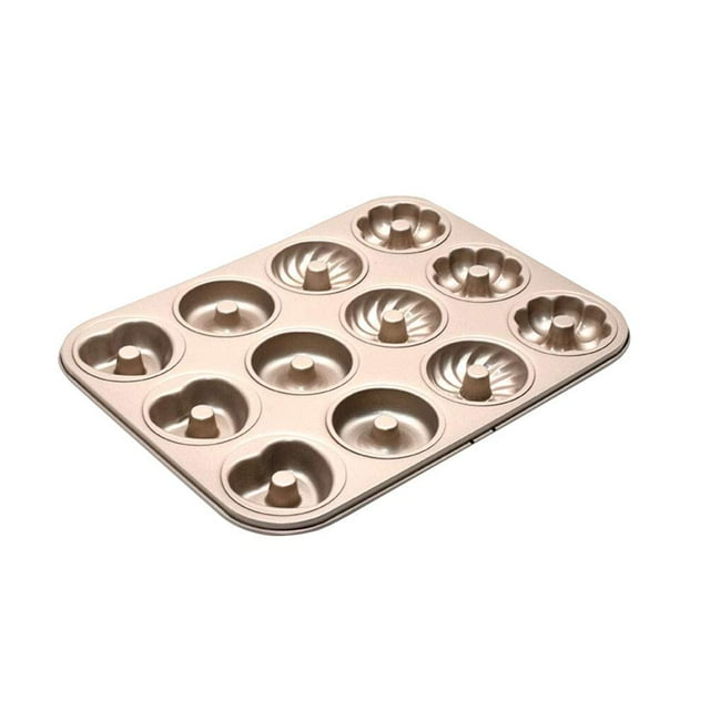 Molde para hornear donuts antiadherente de 12 cavidades, moldes para donas de acero al carbono, sartén con forma de corazón y flores, utensilios para hornear en horno