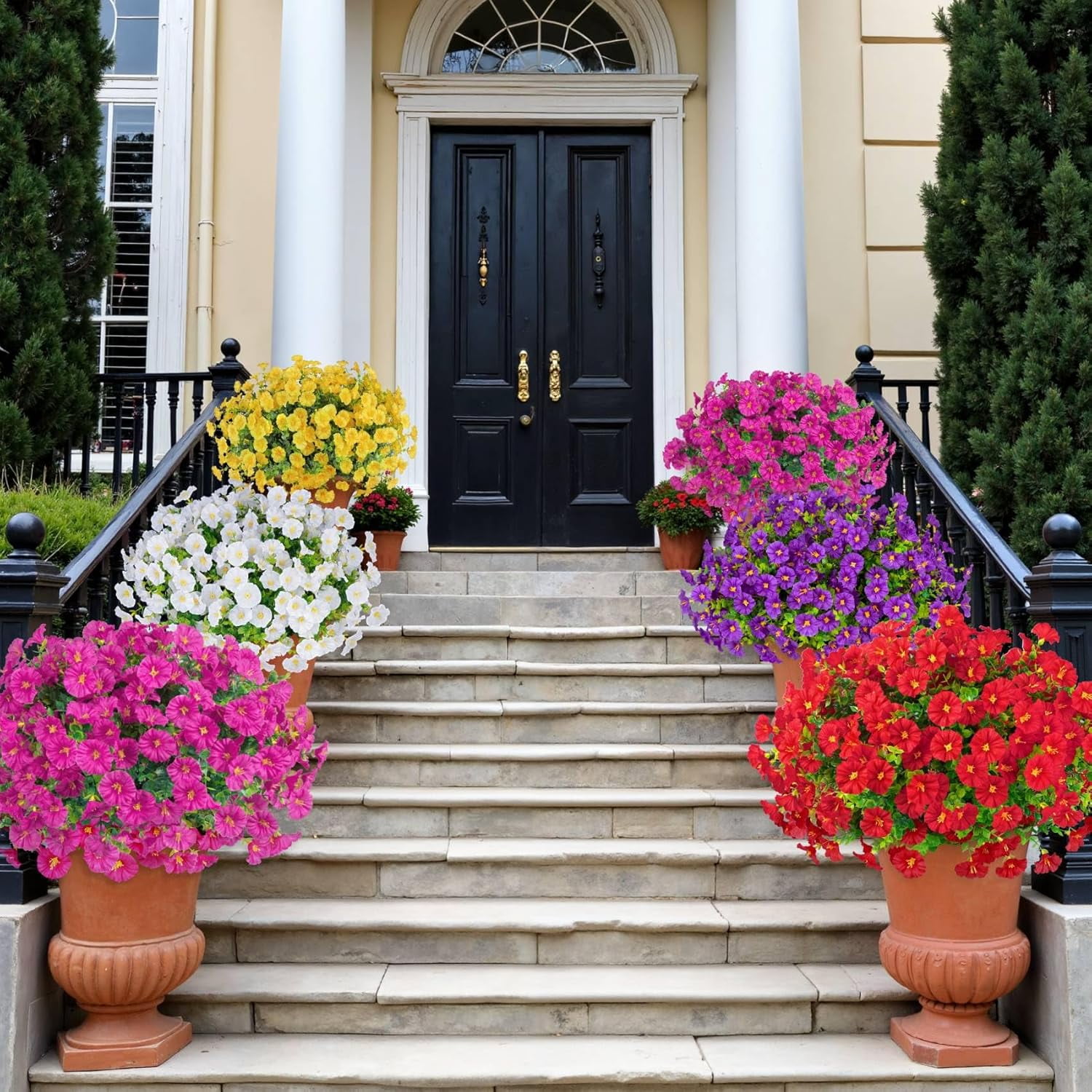 24 Bundles for Outdoors Decoration Fake Silk Morning Glory Flowers Faux Euc Plants UV Resistant for Porch Patio Garden Spring Summer Home Decor, Multicolor