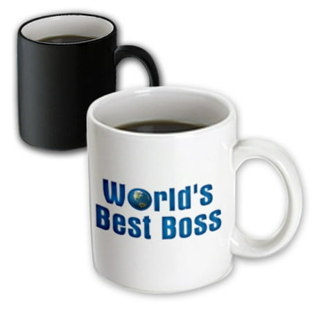 3dRose Blue text Worlds Best Boss with globe on white background, Magic Transforming Mug,