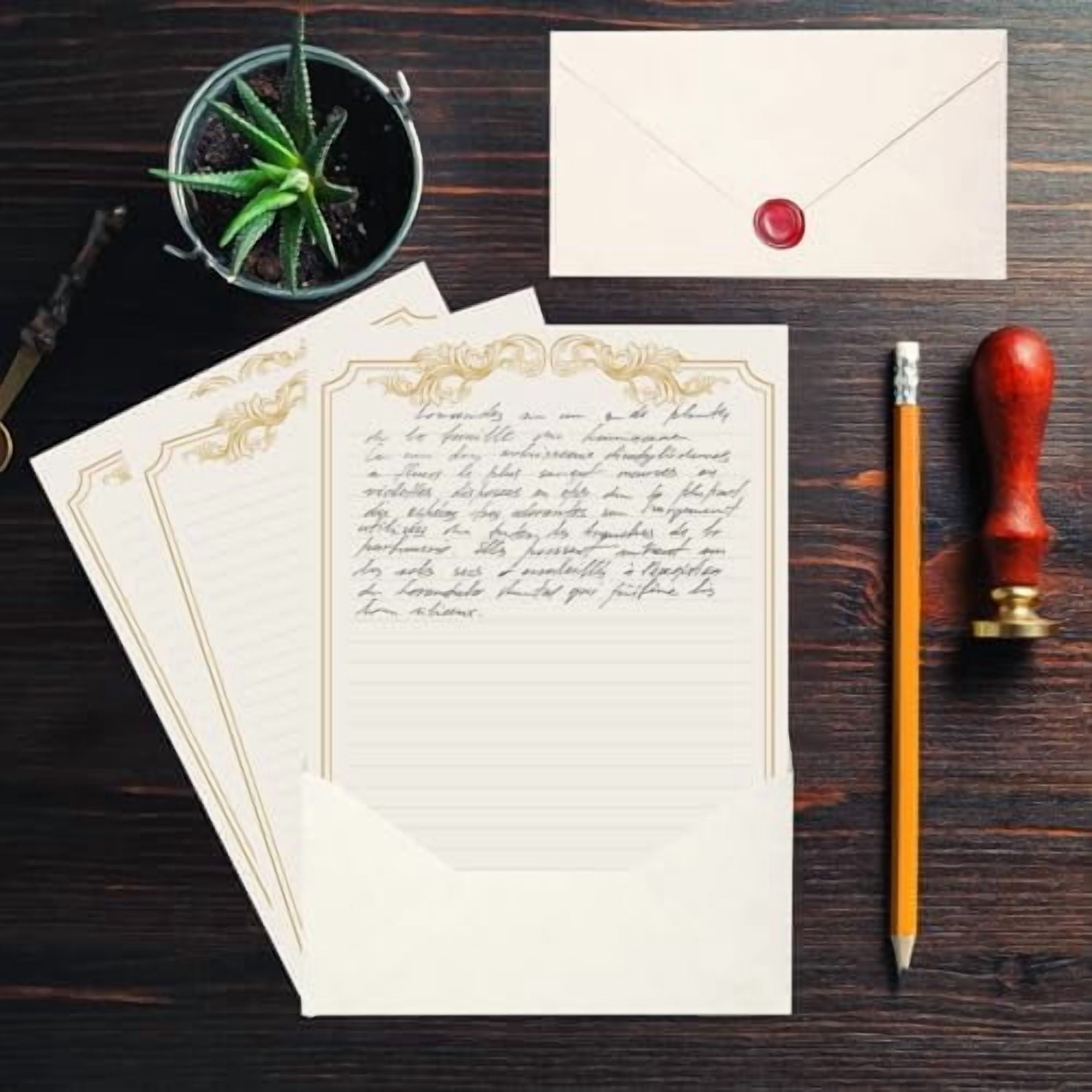 Quivanta 90 Piece Stationery Set - 60 Vintage-Style Paper Sheets + 30 Envelopes, Gold Border Letter Writing Paper for Love Letters & Party Invitations